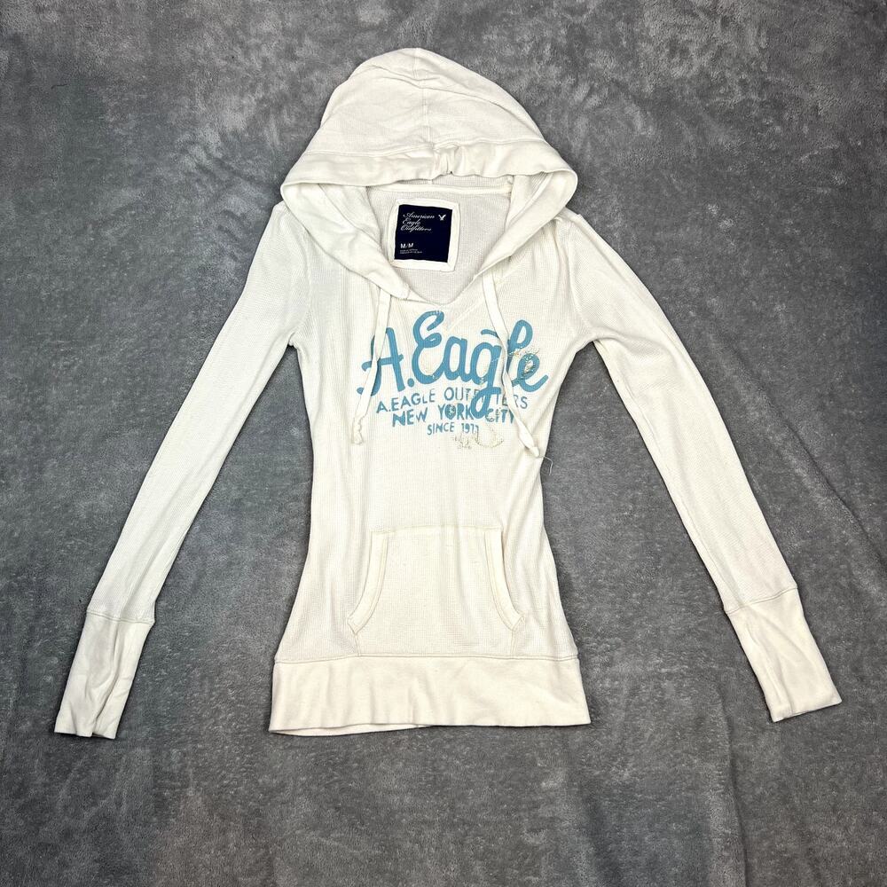 Vintage Y2K American Eagle Pullover Hoodie Womens M Kangaroo‎ Pocket Waffle Knit